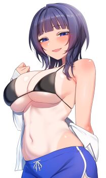 1girl :d absurdres armpit_crease asaka_karin bikini black_bikini blue_eyes blue_hair blue_pants breasts highres large_breasts looking_at_viewer love_live! love_live!_nijigasaki_high_school_idol_club medium_hair nasuno_(nasuno42) navel open_mouth pants shirt simple_background smile solo stomach swimsuit tan tanline undressing white_background white_shirt