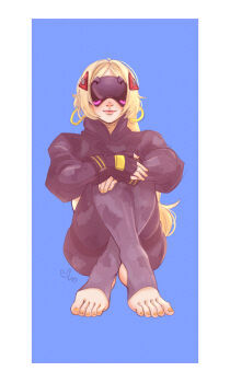 Rule 34 | 1girl, absurdres, black gloves, black pants, blindfold mask, blonde hair, camouflage, covered eyes, feet, fingerless gloves, foot focus, gloves, hair ornament, highres, junssockdrawer, long hair, mask, pants, ponytail, smile, solo, stirrup legwear, toeless legwear, trigger (zenless zone zero), zenless zone zero