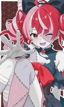 Rule 34 | 1girl, absurdres, ahoge, bandaged leg, bandages, bow, colored skin, diamond-shaped pupils, diamond (shape), double bun, grey skin, hair bow, hair bun, highres, hololive, hololive indonesia, ka2ya aaa, kureiji ollie, kureiji ollie (1st costume), long hair, one eye closed, patchwork skin, reaching, reaching towards viewer, red hair, symbol-shaped pupils, virtual youtuber