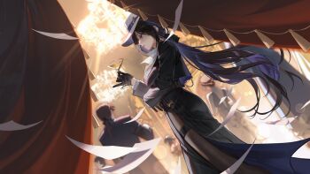 2boys 3girls alcohol alternate_costume black_dress black_gloves black_jacket black_pantyhose blue_hair blurry blurry_foreground clorinde_(genshin_impact) cup curtains dress floating_hair from_side genshin_impact glass gloves hat highres holding holding_cup hoyofair jacket long_hair long_sleeves looking_to_the_side multiple_boys multiple_girls pantyhose parted_lips rotated solo_focus standing very_long_hair white_hat wine yurayura_(mdeh5447)