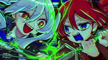 Rule 34 | 2girls, angry, aqua hair, arrow (projectile), black jacket, blue eyes, blue necktie, chromatic aberration, clover-shaped pupils, collared shirt, commentary request, daidaidaidaidaikirai, drill hair, electricity, eye contact, fang, frown, hair between eyes, hatsune miku, highres, holding, holding arrow, holding polearm, holding weapon, horns, jacket, kasane teto, kurayami mayoi, long hair, long sleeves, looking at another, multiple girls, necktie, open mouth, polearm, red eyes, red hair, red jacket, sharp teeth, shirt, short hair, smile, symbol-shaped pupils, teeth, trident, twin drills, twintails, upper body, upper teeth only, utau, v-shaped eyebrows, vocaloid, weapon, white shirt