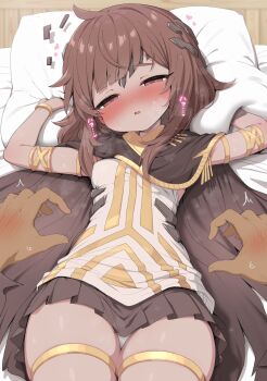 1girl armlet blush bracelet breasts brown_hair cape caught character_request commentary_request hair_ornament half-closed_eyes highres jewelry long_sidelocks looking_at_viewer lying medium_breasts on_back on_bed open_mouth panties pantyshot pillow pleated_skirt pov pov_hands ransusan red_eyes sidelocks skirt sleeveless thighhighs tickling tickling_stomach trickcal underwear