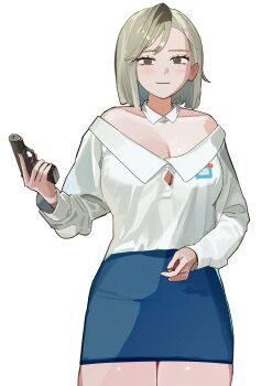 1girl absurdres adversarial_noise blue_skirt blunt_ends blush breasts button_gap cleavage commentary cowboy_shot detached_collar envelope envelope_print grey_eyes grey_hair gun handgun highres holding holding_gun holding_weapon large_breasts light_smile long_sleeves meiru_(yu_ni_taro) off-shoulder_shirt off_shoulder original parted_bangs shirt short_hair simple_background skirt solo trigger_discipline weapon white_background white_shirt yu_ni_taro