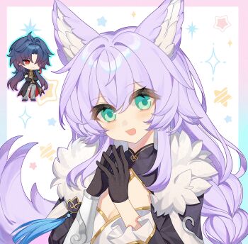1boy 1girl absurdres animal_ear_fluff animal_ears baiheng_(honkai:_star_rail) black_gloves black_hair blade_(honkai:_star_rail) blush braid breasts chibi chinese_clothes chinese_commentary cleavage cleavage_cutout closed_mouth clothing_cutout couple earrings fengjun872 formal_clothes fox_ears fox_girl fox_tail friends frilled_sleeves frills fur_trim gloves gradient_hair green_eyes hair_between_eyes hair_intakes happy head_tilt highres honkai:_star_rail honkai_(series) jewelry long_hair long_sleeves looking_at_viewer multicolored_hair open_mouth pants parted_bangs purple_hair red_eyes single_braid single_earring suit tail upper_body wavy_hair