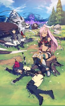 1boy 2girls armored_boots black_footwear black_gloves black_hair black_leotard black_shorts boots bow breasts chyko daisy_(flower) defeat earrings elbow_gloves fingerless_gloves flower gloves grey_footwear hair_bow hair_ribbon hat heart heart_earrings high_ponytail highres holding holding_flower jewelry krai_andrey leotard liz_smart long_hair monster multiple_girls nageki_no_bourei_wa_intaishitai navel official_art outdoors pink_hat planted planted_sword planted_weapon ponytail red_bow ribbon short_hair short_shorts shorts sleeping small_breasts smile sword thigh_boots tino_shade weapon white_eyes white_ribbon