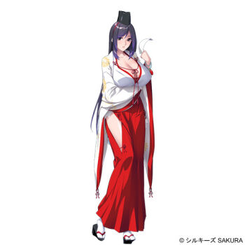 1girl black_eyes black_hair bracelet breasts cleavage clothing_cutout company_name full_body game_cg geta hakama hakama_skirt hat hip_vent huge_breasts japanese_clothes jewelry large_variant_set long_hair looking_at_viewer lowres lunatic_magician magical_girl miko nanao_(mahaya) ochite_iku_seisenshi_lunatic_angels official_art purple_hair red_hakama sandals shindou_shizuka_(lunatic_angels) simple_background skirt smile solo standing tabi tate_eboshi variant_set white_background wide_sleeves