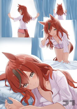 1girl ;d absurdres animal_ears breasts brown_eyes brown_hair cleavage closed_mouth commentary curtains dolphin_shorts english_commentary highres horse_ears horse_girl horse_tail jtleeklm long_hair looking_at_viewer lying medium_breasts multicolored_hair multiple_views nice_nature_(umamusume) on_side one_eye_closed open_mouth pillow pink_shorts shirt shorts smile streaked_hair tail three-quarter_sleeves two-tone_hair umamusume white_shirt