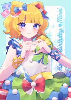 1girl :3 absurdres blonde_hair blue_background blue_bow blue_eyes blunt_bangs bow character_name commentary_request cone_hair_bun double_bun dress hair_bow hair_bun hands_up happy_birthday heart heart_hands highres idol_clothes looking_at_viewer minami_mirei multicolored_dress pretty_series pripara priticket red_bow sando_(llicy_0) short_hair smile solo