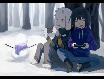 1boy 1other :d alternate_hair_color ankle_boots antenna_hair asriel_dreemurr bare_tree barefoot black_boots black_hair black_shirt blonde_hair blue_pants blue_scarf bob_cut boots brown_shirt closed_eyes colored_inner_hair commentary denim drawstring facing_viewer fewer_digits frisk_(undertale) full_body furry furry_male goat_boy grey_pants handheld_game_console holding holding_handheld_game_console hood hood_down hoodie jeans knees_apart_feet_together knees_up layered_sleeves letterboxed long_sleeves looking_at_object multicolored_hair open_mouth pants pink_scarf playing_games puffy_long_sleeves puffy_sleeves purple_hoodie scarf shadow shirt short_hair short_over_long_sleeves short_sleeves simple_background sitting small_horns smile snow snowman striped_clothes striped_scarf striped_shirt sweatdrop tree two-tone_hair two-tone_scarf undertale urooooooo_88 utdr_(toby_fox) vertical-striped_clothes vertical-striped_scarf white_fur yellow_shirt