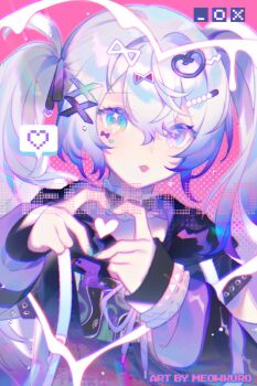 1girl 25-ji_miku :&lt; aqua_eyes aqua_nails artist_name black_arm_warmers black_choker black_hoodie black_ribbon choker chromatic_aberration closed_mouth commentary double-parted_bangs expressionless facial_mark frilled_choker frills gradient_hair grey_hair hair_between_eyes hair_ornament hair_ribbon halftone halftone_background hands_up hatsune_miku heart heart_hair_ornament heart_hands heart_in_heart_hands heterochromia highres hood hood_down hoodie light_blush light_particles long_hair looking_at_viewer meowkuro multicolored_hair nail_polish neck_ribbon negai_wa_itsuka_asa_wo_koete_(project_sekai) pearl_hair_ornament pink_background project_sekai purple_arm_warmers purple_eyes purple_hair purple_ribbon ribbon short_sleeves simple_background solo sparkling_eyes spoken_heart striped_arm_warmers symbol-only_commentary tongue tongue_out twintails two-tone_hair upper_body vocaloid x_hair_ornament