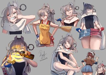 Rule 34 | 2girls, :p, absurdres, black one-piece swimsuit, breasts, character request, chipped tooth, chougei (kancolle), clenched teeth, cropped legs, denim, denim skirt, fingerless gloves, gloves, grey background, grey hair, headgear, highleg, highleg one-piece swimsuit, highres, holding, holding lighter, kantai collection, lighter, long hair, molotov cocktail, multiple girls, one-piece swimsuit, pleated skirt, ponytail, puka puka, ron (pixiv83091338), scarf, shirt, signature, simple background, skirt, smirk, striped clothes, striped shirt, swimsuit, teeth, tongue, tongue out, twitter username, two-tone one-piece swimsuit, wahoo (kancolle), wahoo kai (kancolle), white scarf, zippo lighter