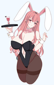 1girl absurdres alternate_costume animal_ears azur_lane black_leotard bow breasts bremerton_(azur_lane) brown_pantyhose cleavage clothing_cutout commentary_request detached_collar fake_animal_ears hair_down highleg highleg_leotard highres holding holding_tray huge_breasts leotard londom_(lonhomewell) mole mole_on_breast navel_cutout navel_piercing one_eye_closed pantyhose piercing pink_bow pink_eyes pink_hair playboy_bunny rabbit_ears simple_background solo thighband_pantyhose tray variant_set white_background white_wrist_cuffs wrist_cuffs