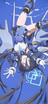 1girl absurdres aqua_halo aris_(armed)_(blue_archive) aris_(blue_archive) bare_shoulders berserker_r black_hair black_thighhighs blue_archive blue_eyes blue_necktie breasts chinese_commentary commentary_request hair_between_eyes halo highres leotard long_hair long_hair_between_eyes looking_at_viewer mecha_musume mechanical_legs mechanical_wings necktie official_alternate_costume open_mouth rectangular_halo short_necktie showgirl_skirt small_breasts smile solo thighhighs twintails white_leotard wings