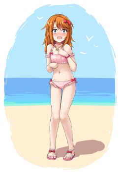 1girl :o aposine bikini bird blue_sky blush bow bow_bikini breasts collarbone day embarrassed frilled_bikini frills full_body hair_bow heart heart_necklace highres idolmaster idolmaster_cinderella_girls jewelry knees legs loli looking_at_viewer navel necklace ocean open_mouth orange_hair outdoors pink_bikini pink_sandals red_bow sandals seagull sky small_breasts solo standing stomach swimsuit toes tongue yuuki_haru