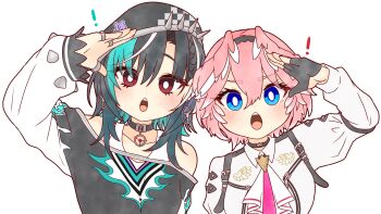 ! 2girls aqua_streaks arm_up black_choker black_gloves black_hair blue_eyes choker commentary double-parted_bangs fingerless_gloves gloves hair_between_eyes head_wings highres hololive hololive_dev_is jewelry long_sleeves looking_at_viewer medium_hair multicolored_hair multiple_girls multiple_rings open_mouth pink_hair red_eyes rindo_chihaya ring ringo_21_a shirt short_hair simple_background streaked_hair symbol-only_commentary takane_lui takane_lui_(1st_costume) upper_body virtual_youtuber white_background white_shirt wings