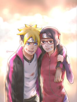 Rule 34 | 1boy, 1girl, arm around neck, black eyes, black hair, black headband, black jacket, blonde hair, blue eyes, boruto: naruto next generations, commentary request, detached sleeves, dirty, dirty clothes, dirty face, facial mark, forehead protector, glasses, headband, highres, jacket, jewelry, konohagakure symbol, matsu (fu6ide2), naruto (series), necklace, open mouth, red-framed eyewear, red headband, sleeves past wrists, smile, twitter username, uchiha sarada, uzumaki boruto, whisker markings
