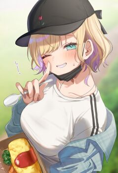 1girl bento black_hat black_mask blue_jacket blush breasts colored_inner_hair day fingernails food grin hat highres holding holding_spoon index_finger_raised jacket jewelry kurumi_noah large_breasts long_sleeves looking_at_viewer medium_hair multicolored_hair necklace omelet one_eye_closed outdoors pink_hair pome_charo shirt smile solo spoon sweatdrop tamagoyaki two-tone_hair virtual_youtuber vspo! white_shirt