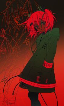 Rule 34 | 1girl, a.i. voice, absurdres, adachi rei, coat, drawstring, gradient background, hair ribbon, headlamp, headset, highres, hood, hood down, long sleeves, looking at viewer, noisy9p, one side up, open clothes, open coat, parted lips, red eyes, red hair, ribbon, simple background, utau, zoom layer