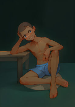 1boy barefoot blue_eyes blue_shorts buzz_cut elbow_on_knee feet male_focus nipples original ryou_hiryuu shaved_head shorts sitting smile solo table toned toned_male topless_male very_short_hair