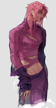 Rule 34 | 1boy, belt, blood, cleavage cutout, clothing cutout, commentary, cosplay, cropped legs, cropped sweater, diavolo, firepok, green eyes, groin, highres, jacket, jojo no kimyou na bouken, lipstick, long hair, long sleeves, looking to the side, makeup, male focus, midriff, navel, nosebleed, off shoulder, parted lips, pectoral cleavage, pectorals, pink hair, profile, solo, spotted hair, sweater, twitter username, vento aureo, vinegar doppio, vinegar doppio (cosplay)