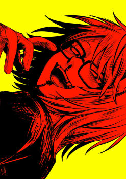 1boy blood commentary_request fangs glasses gloves hand_up highres looking_at_viewer male_focus nil_(pixiv_53614557) nosebleed open_mouth portrait randal&#039;s_friends randal_ivory short_hair simple_background solo yellow_background