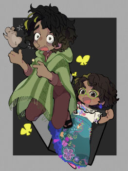 Rule 34 | 1boy, 1girl, brown eyes, brown hair, bruno madrigal, colombian clothes, commentary request, curly hair, dark-skinned female, dark-skinned male, dark skin, earrings, encanto, green-framed eyewear, highres, jewelry, mirabel madrigal, round eyewear, shirt, short hair, simple background, skirt, smile, sweetp247, white shirt
