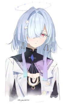 1girl colored_eyelashes commentary cropped_torso cryne earrings grey_eyes hair_over_one_eye halo highres id_card jacket jewelry light_blush looking_at_viewer mornye_(wuthering_waves) parted_lips red_eyes simple_background solo triangle_earrings twitter_username white_background white_jacket wuthering_waves