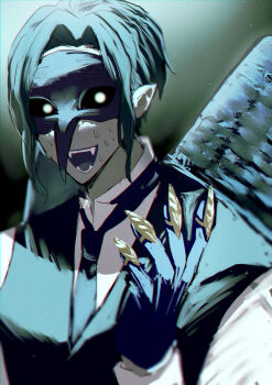 Rule 34 | 1boy, black necktie, black vest, blue hair, claw ring, commentary request, dire crowley, fangs, highres, looking at viewer, male focus, mask, necktie, nervous sweating, open mouth, shirt, short hair, solo, sweat, twisted wonderland, vest, white shirt, wings, yano (zri 088)