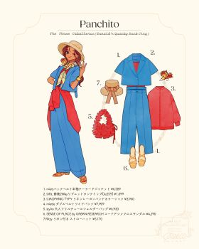 1girl english_text genderswap hat highres humanization meecosme mickey_mouse_&amp;_friends panchito_pistoles pants red_hair reference_sheet sandals shirt short_hair smile sombrero the_three_caballeros translation_request