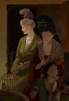 3girls absurdres age_difference albino banbi bird_hair_ornament birdcage black_hair cage cardigan child chinese_clothes chinese_commentary colored_eyelashes earrings folding_screen fur-trimmed_cardigan fur_trim green_hanfu hair_bun hair_ornament hair_stick hanfu highres huadian jewelry lushan0603 multiple_girls original pale_skin procreate_(medium) purple_shawl realistic red_hanfu shawl shirt tall_hair white_hair white_shirt