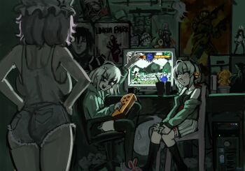 Rule 34 | 103anon, 2b (nier:automata), 3girls, absurdly detailed composition, alternate costume, backboob, bedroom, black hairband, breasts, casual, commentary, commission, controller, denim, denim shorts, game controller, ghost, green jacket, hairband, halo (series), halo 2, highres, indoors, jacket, kochiya sanae, konpaku youmu, konpaku youmu (ghost), linkin park, loaded interior, look-alike, looking at another, multiple girls, nier:automata, nier (series), saigyouji yuyuko, shameimaru aya, shirt, shorts, touhou, touhou hisoutensoku, white shirt