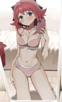 1girl absurdres bare_arms bare_shoulders bed black_bow blush bow bra breasts cellphone cleavage collarbone commentary grey_eyes hair_bow head_tilt highres holding holding_phone indoors kneeling looking_at_viewer medium_breasts mirror navel original panties parted_lips phone pillow pink_bra pink_panties red_hair reflection selfie solo syhan underwear underwear_only
