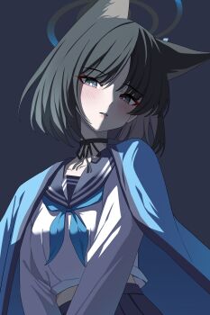 1girl absurdres animal_ear_fluff animal_ears black_eyes black_hair blue_archive blue_halo blue_haori blush cat_ears cat_girl cat_tail colored_inner_animal_ears commentary_request halo haori highres japanese_clothes kikyou_(blue_archive) looking_at_viewer multiple_tails neckerchief sailor_collar school_uniform serafuku short_hair solo tail two_tails winterflower