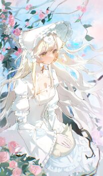 1girl absurdres blonde_hair bonnet closed_mouth day dress flower frilled_dress frilled_sleeves frills green_eyes highres leaf long_hair long_sleeves loobookk original outdoors pink_flower pink_rose rabbit rose sitting solo watermark white_bonnet white_dress wide_sleeves