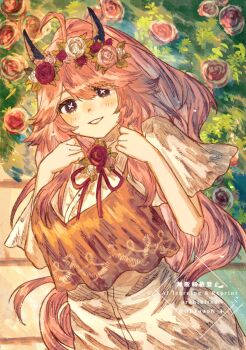 +_+ 1girl absurdres ahoge artist_name breasts bush buttons clenched_hands collared_dress commentary_request commission dress floral_background flower hair_between_eyes hands_up head_wreath high_ponytail highres horns large_breasts leaf long_hair looking_at_viewer neck_ribbon oftooon orange_vest original pink_flower pink_hair pink_rose ponytail purple_eyes red_flower red_ribbon red_rose ribbon rose short_sleeves skeb_commission smile solo sunlight teeth vest white_dress white_flower white_rose