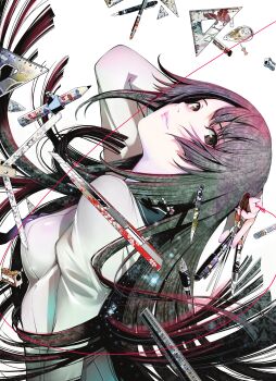 1girl absurdres arm_up bakemonogatari boxcutter breasts brown_eyes brown_hair closed_mouth collared_shirt compass_(instrument) cover cover_page floating_hair from_side grey_hair grey_shirt hand_on_own_head head_tilt highres holding juliet_sleeves leaning_back lens_flare long_hair long_sleeves looking_at_viewer looking_to_the_side manga_cover medium_breasts mixed_holding monogatari_(series) multicolored_hair nail_polish non-web_source official_art oogure_ito pen pencil pencil_sharpener pink_hair pink_lips puffy_sleeves purple_nails ruler senjougahara_hitagi set_square shadow shiny_clothes shirt simple_background solo stationery streaked_hair string string_of_fate upper_body very_long_hair white_background