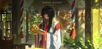 1girl absurdres alternate_costume artist_name bell black_hair bright_pupils chihaya_(clothing) chisa_(wuthering_waves) commentary english_commentary hair_ribbon highres holding holding_instrument indoors instrument japanese_clothes jingle_bell kagura_suzu lewdlily66 long_hair looking_ahead miko red_eyes red_ribbon ribbon rope shrine solo straight_hair title white_pupils wide_sleeves wuthering_waves