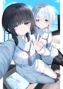 2girls absurdres black_hair black_pantyhose blue_sky blush border brown_shoes closed_mouth cloud day grey_hair hair_over_eyes highres loafers mole mole_under_eye multiple_girls neckerchief neku_(neku_draw) original outside_border pantyhose pleated_skirt purple_eyes purple_neckerchief reaching reaching_towards_viewer sailor_collar school_uniform selfie serafuku shirt shoes skirt sky smile v white_border white_pantyhose white_sailor_collar white_serafuku white_shirt white_skirt wrapped_bento