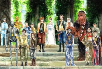 alternate_universe baze beard bodhi_rook c-3po cassian_andor chewbacca chirrut_imwe coat everyone facial_hair good_end grass han_solo hat helmet highres jyn_erso k-2so looking_at_viewer luke_skywalker medal military military_uniform old princess_leia r2-d2 rebel_alliance_(star_wars) robot rogue_one:_a_star_wars_story science_fiction soldier spoilers staff star_wars temple