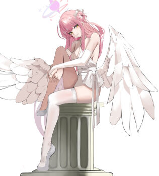 1girl absurdres alternate_costume bare_shoulders blue_archive blush bridal_gauntlets feathered_wings gim111035 hair_bun hair_ornament hair_scrunchie halo highres leotard long_hair looking_at_viewer mika_(blue_archive) parted_lips pink_hair purple_halo scrunchie shoes sidelocks single_side_bun single_thighhigh sitting smile solo strapless strapless_leotard thighhighs white_bridal_gauntlets white_leotard white_scrunchie white_shoes white_thighhighs white_wings wings yellow_eyes