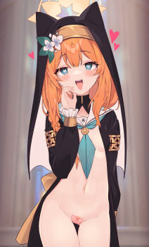 1girl animal_ear_headwear armband blue_archive blue_eyes blue_neckerchief blush braid breasts fake_animal_ears fellatio_gesture female_pubic_hair flower habit halo hat hat_flower heart heart-shaped_pupils heart_maebari heart_pasties highres litsvn loli long_hair maebari mari_(blue_archive) naughty_face navel neckerchief nun open_mouth oral_invitation orange_hair pasties pubic_hair pubic_hair_peek revealing_clothes sailor_collar sexually_suggestive single_braid small_breasts solo symbol-shaped_pupils teeth tongue tongue_out white_flower white_sailor_collar