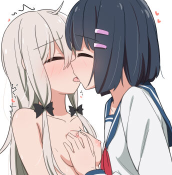 2girls amano_akari black_hair blue_sailor_collar blush breasts closed_eyes clothed_female_nude_female commentary_request french_kiss grabbing_another&#039;s_breast grey_hair groping heart highres kiss loli long_hair medium_breasts miruzawa_akechi multiple_girls nipple_stimulation nipples nude sailor_collar school_uniform serafuku shirt short_hair simple_background sophie_twilight tonari_no_kyuuketsuki-san tongue tongue_out white_background white_shirt yuri