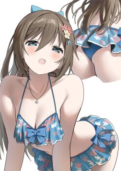 1girl all_fours ass ass_focus bare_shoulders bikini blue_bikini blue_eyes blush bow bow_bikini breasts brown_hair collarbone floral_print flower flower_necklace frilled_bikini frills hair_bow hair_flower hair_ornament half-closed_eyes highres jewelry long_hair looking_at_viewer love_live! love_live!_nijigasaki_high_school_idol_club medium_breasts multiple_views necklace official_alternate_costume open_mouth osaka_shizuku print_bikini smile swimsuit thighs wet white_background yuu_(shampoohatslime)