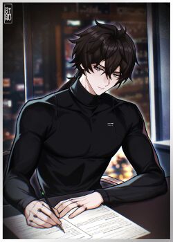 1boy absurdres black_hair black_shirt closed_mouth cyberpunk_(series) cyberpunk_2077 dan_heng_(honkai:_star_rail) grey_eyes hair_between_eyes highres holding holding_pen honkai:_star_rail honkai_(series) long_hair long_sleeves male_focus moonimu_art paper pen shirt solo writing