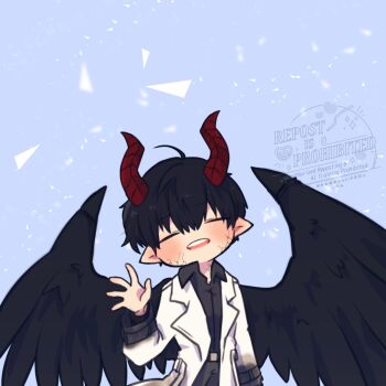 1boy ahoge black_hair black_shirt black_wings chibi chibi_only coat collared_shirt colored_veins demon_horns feathered_wings gradient_sleeves hair_between_eyes hand_up hashtag-only_commentary head_tilt highres horns kim_dokja kimidori_22 male_focus official_alternate_costume omniscient_reader&#039;s_viewpoint open_clothes open_coat open_mouth pointy_ears shirt short_hair solo waving white_coat wings