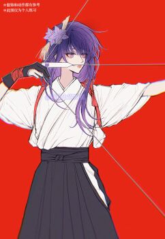 Rule 34 | 1girl, alternate costume, arms up, arrow (projectile), bad id, bad lofter id, blue pupils, blunt bangs, bow (weapon), closed mouth, drawing bow, genshin impact, hair ornament, highres, holding, holding arrow, holding bow (weapon), holding weapon, japanese clothes, long hair, long sleeves, meowhpcake, mole, mole under eye, multicolored eyes, pink lips, purple eyes, purple hair, quiver, raiden shogun, red background, simple background, solo, standing, upper body, weapon, wide sleeves