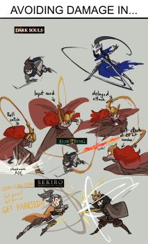 1girl 2others 3boys absurdres artorias_the_abysswalker ashina_genichirou black_hair centurii-chan chosen_undead company_connection covered_eyes dark_souls_(series) dark_souls_i dodging elden_ring english_text fromsoftware grey_hair helmet highres holding holding_shield holding_sword holding_weapon long_hair malenia_blade_of_miquella meme multiple_boys multiple_others ninja parrying plap_plap_plap_get_pregnant_(meme) red_hair rolling samurai sekiro sekiro:_shadows_die_twice shield sword sword_clash tarnished_(elden_ring) truth very_long_hair weapon winged_helmet