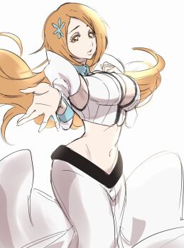 1girl bleach bleach:_sennen_kessen-hen breasts brown_eyes cleavage cleavage_cutout clothing_cutout collarbone detached_sleeves female_focus hair_ornament hairclip inoue_orihime large_breasts long_hair long_skirt midriff navel official_alternate_costume orange_hair protected_link puffy_sleeves sekihan simple_background skirt snowflake_hair_ornament stomach white_background