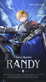 1boy black_jacket black_pants blonde_hair blue_background blue_eyes character_name closed_mouth commentary company_name copyright_name copyright_notice duet_night_abyss english_commentary english_text hair_between_eyes highres jacket looking_at_viewer male_focus official_art pants randy_(duet_night_abyss) short_hair sitting solo