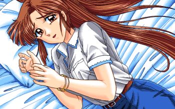 Rule 34 | 1990s (style), 1995, 1girl, bed sheet, belt, bracelet, brown eyes, brown hair, hoshi no suna monogatari 3, jewelry, looking at viewer, lying, non-web source, on bed, open mouth, pc-98 (style), pillow, pixel art, ponytail, retro artstyle, shima (d.o.), shirt, smile, solo, white shirt